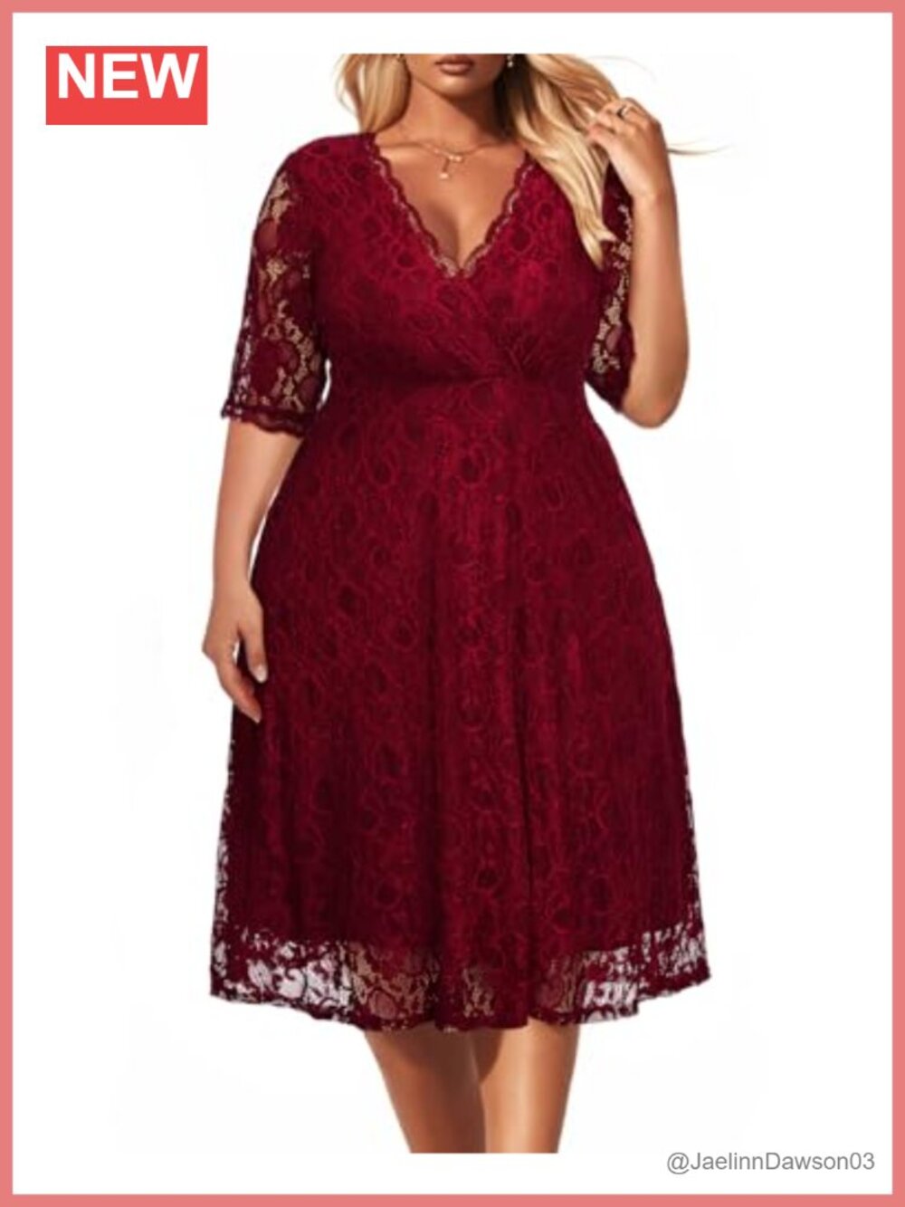 Plus Size Floral Lace Midi Dress 3/4 Sleeve V-Neck Fit & Flare Cocktail